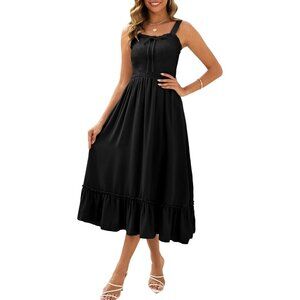 Women Black Summer Boho 2025 Square Neck Strapped Ruffle Beach Long Dresses